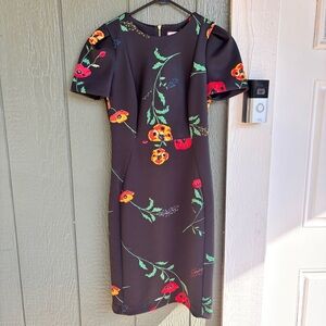 Calvin Klein Black Floral Puff Sleeve Sheath Dress Size 4
